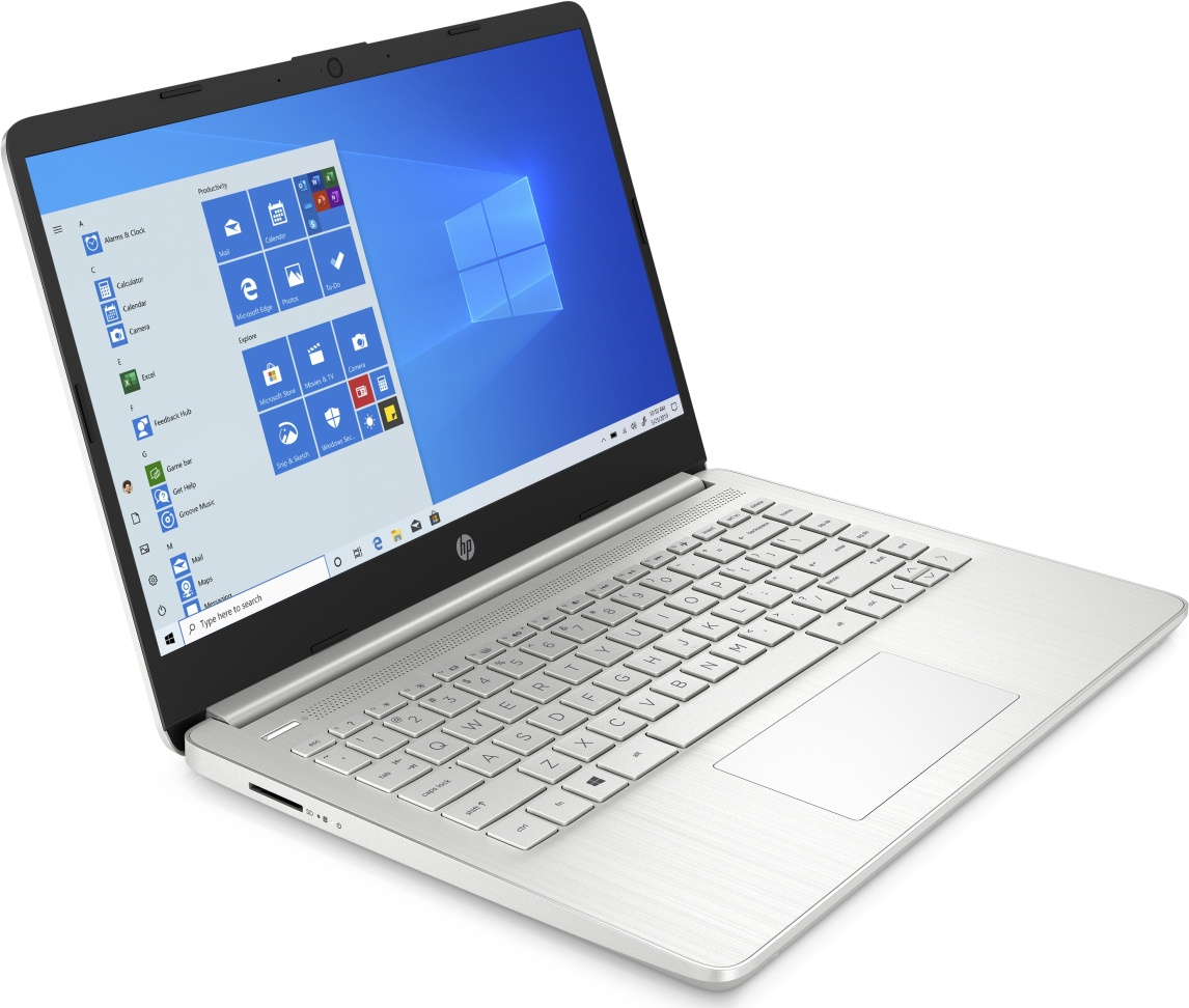 Silver open laptop with QWERTY keyboard and large display showing Windows