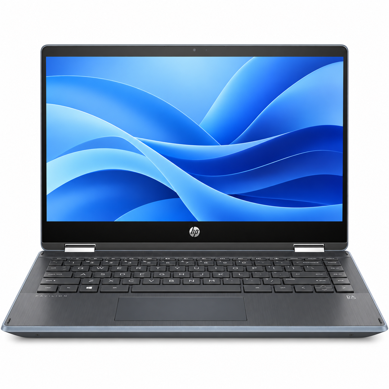 Renewed HP Pavilion 14 touchscreen laptop with black keyboard and blue display