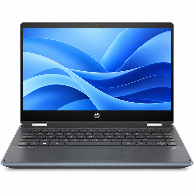 Renewed HP Pavilion 14 touchscreen laptop with black keyboard and blue display