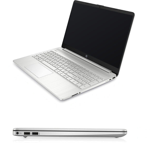 Silver 15.6-inch laptop from above, English/Arabic-style keyboard area and touchpad visible.