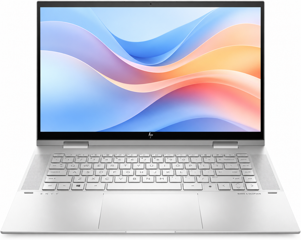 HP Envy x360 15 convertible laptop with white keyboard and open display, silver