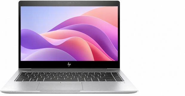 Refurbished silver laptop with open screen and English keyboard layout