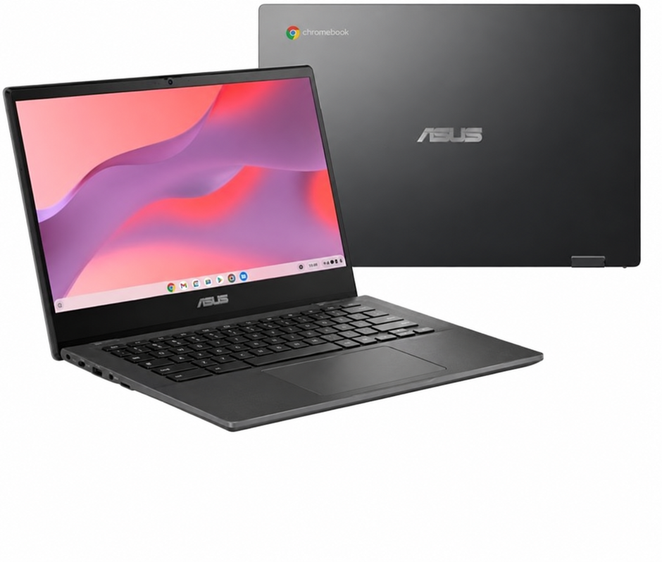 ASUS Chromebook laptop, grey 14-inch, open with keyboard and screen