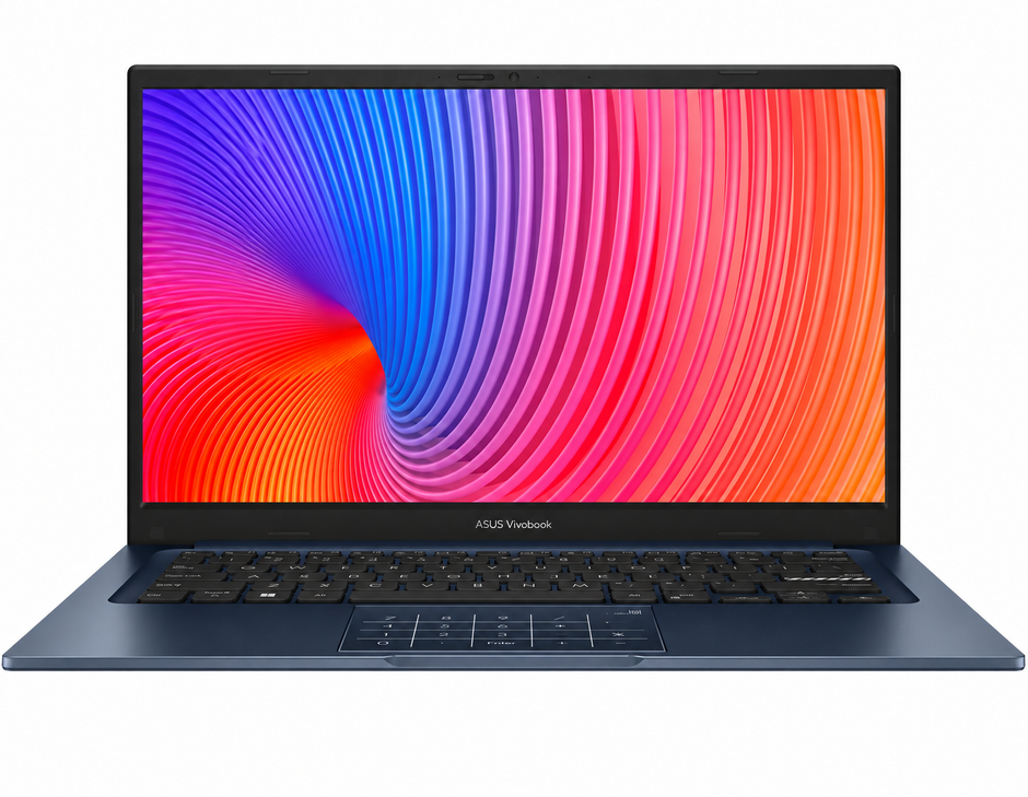 Renewed ASUS VivoBook 14 laptop with dark-blue keyboard and colorful abstract screen