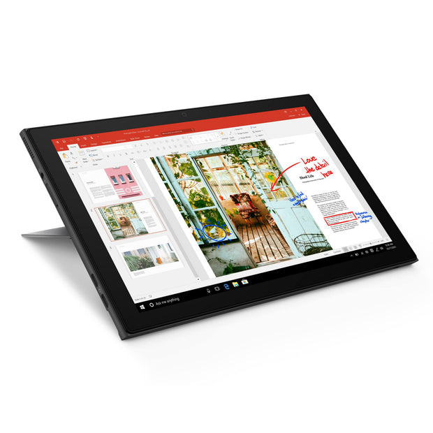 Detachable 2-in-1 tablet mode with kickstand, black bezel and touchscreen