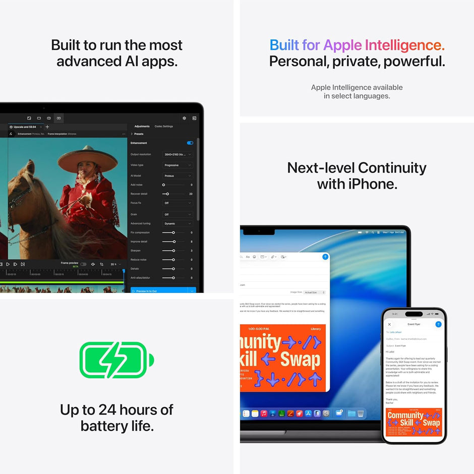 Apple MacBook Pro with screen showing app interfaces and phone continuity graphic