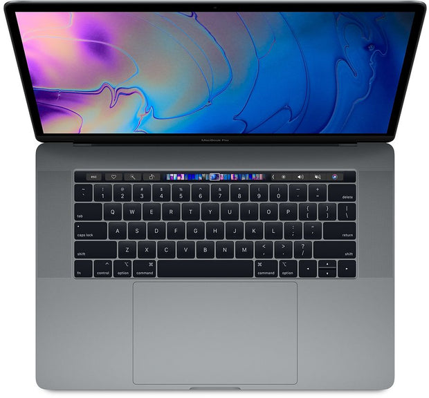 Silver Apple MacBook Pro laptop with backlit keyboard and Touch Bar.