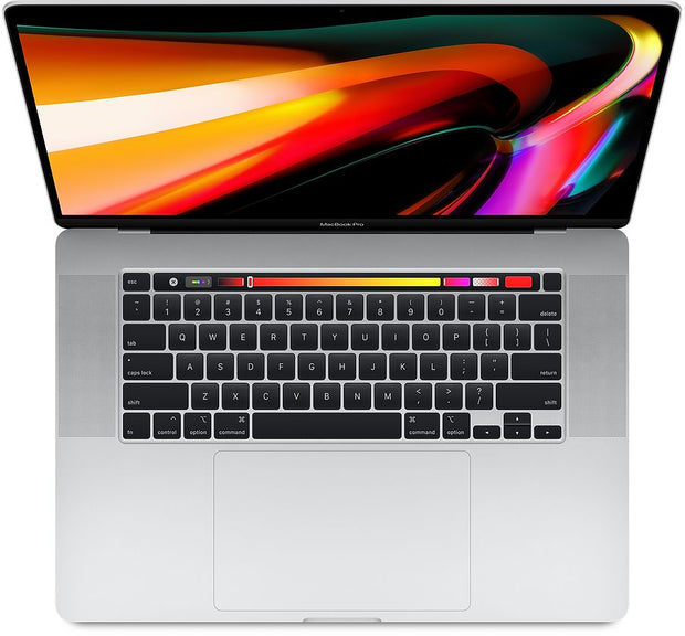 Renewed 2019 MacBook Pro laptop with Touch Bar, 16-inch screen, backlit keyboard.