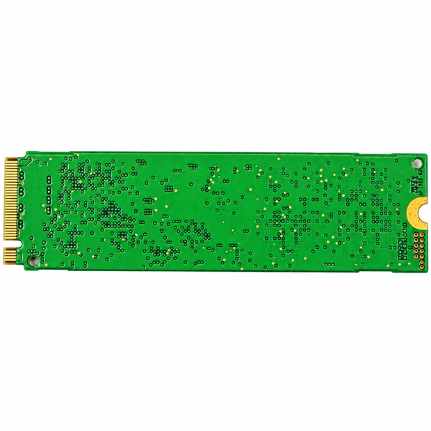NVMe M.2 2280 SSD circuit board with gold edge connector and green PCB