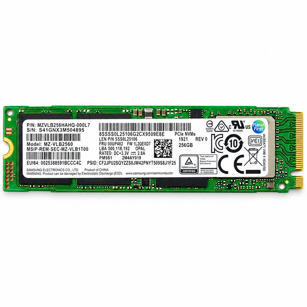 NVMe M.2 2280 solid state drive on green PCB with label and gold edge connector