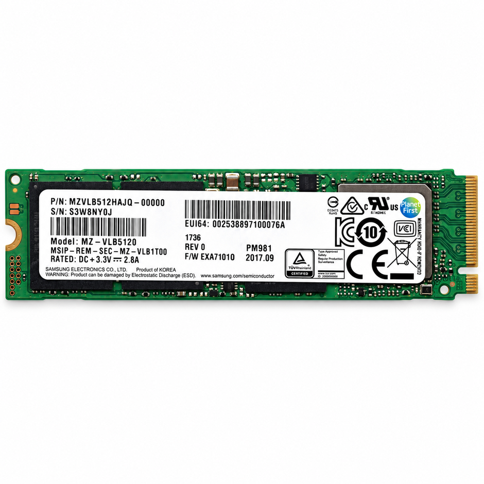 512GB M.2 2280 NVMe SSD module on green PCB, PCIe x4 connector edge