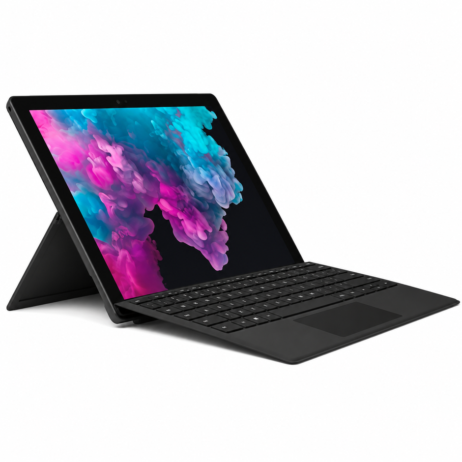 Microsoft Surface Pro 6 2-in-1 touchscreen tablet with detachable black keyboard, tablet on stand