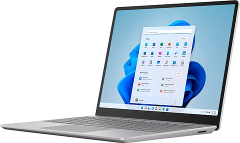 Surface Laptop Go 12.4" touchscreen laptop, silver base and keyboard (side view)